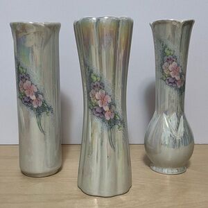 Three VTG  Opalescent Nancy Pew Bud Vase, Floral Design Front Center 7.50”